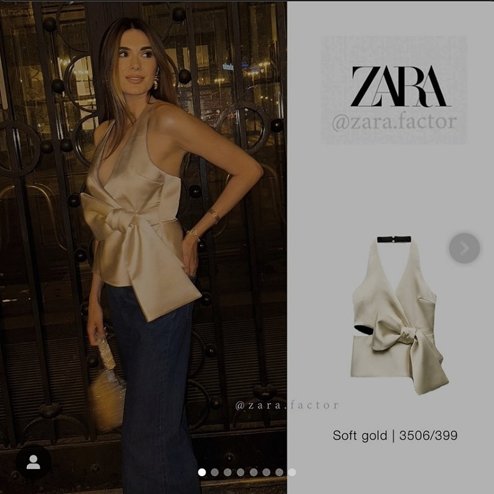 ZARA CHAMPAYNE/GOLD SATIN EFFECT HALTER TOP WITH LARGE BOW ACCENT ✨️SIZE M & L✨️ - Picture 2 of 10